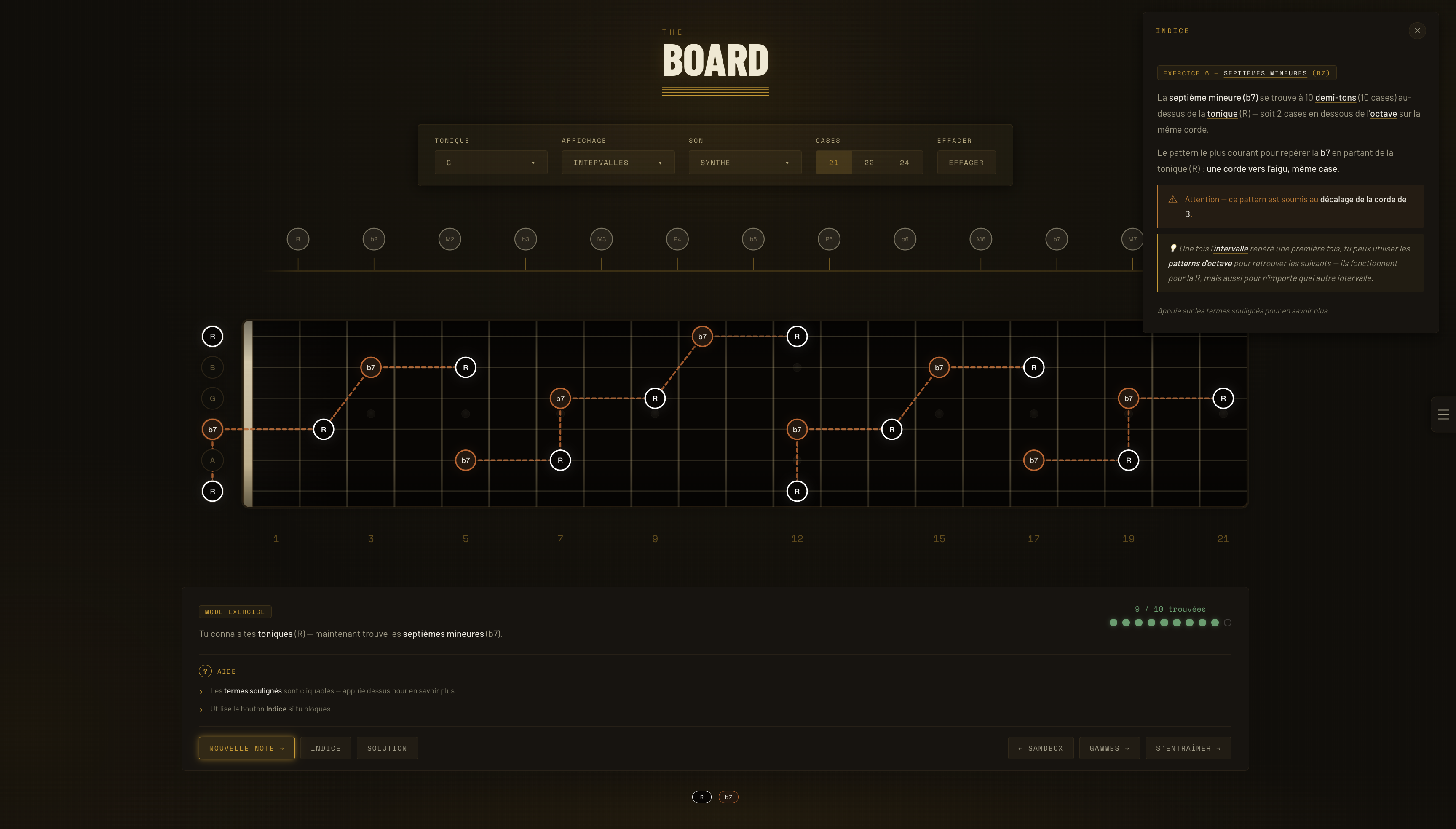 TheBoard — Mode gamme avec intervalles colorés sur le manche